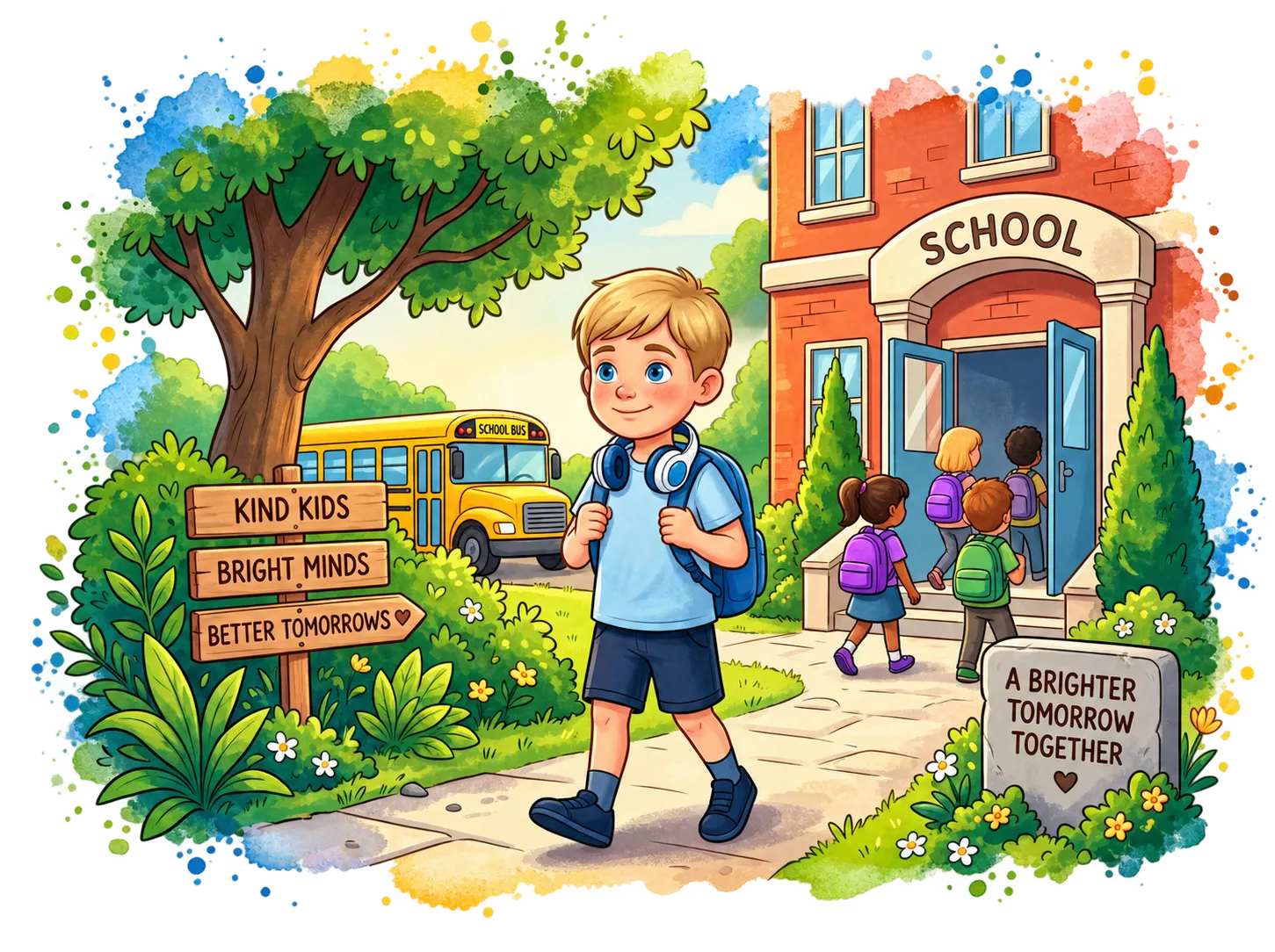 Charlie arriving at school with his friends